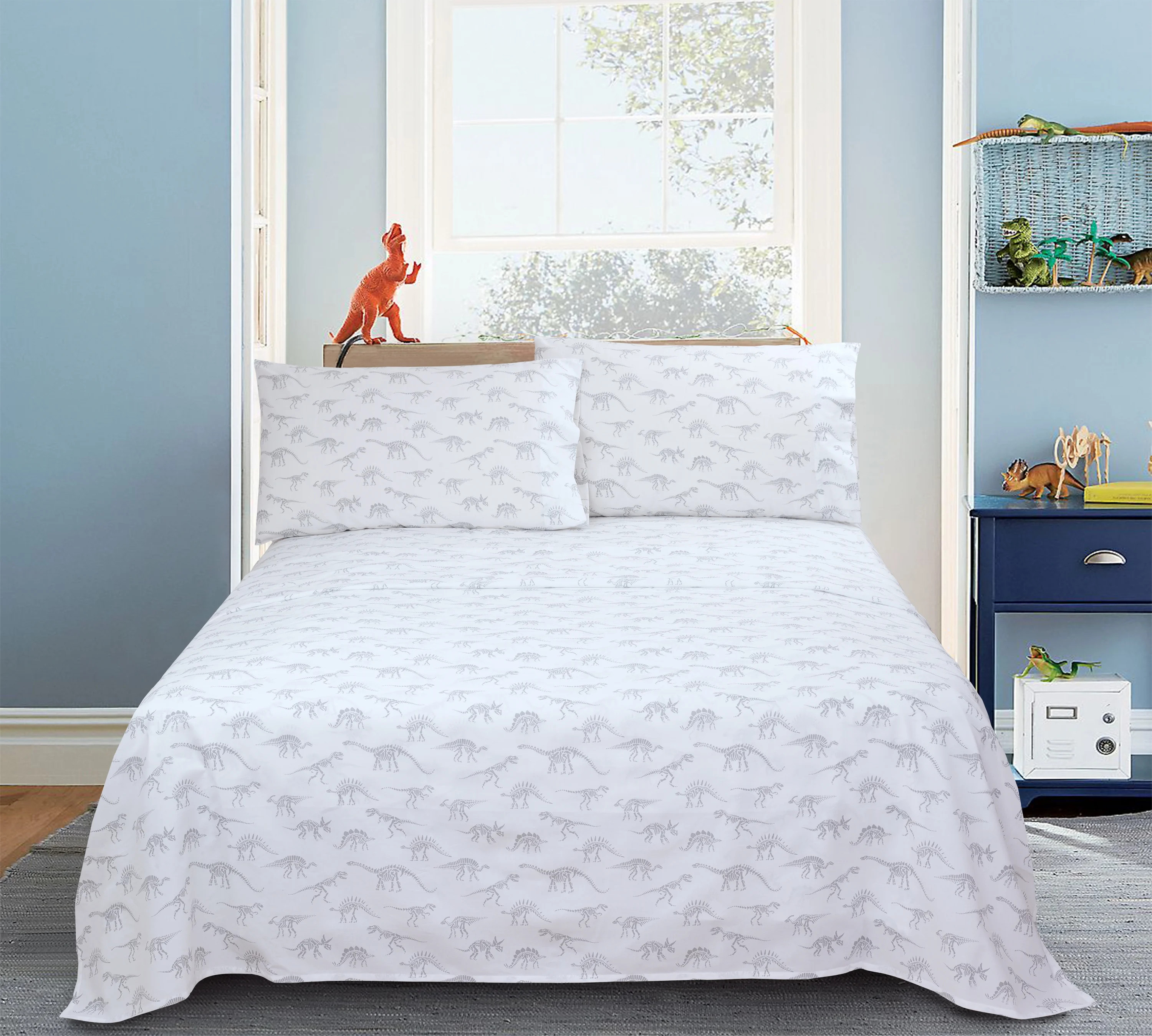 Your Zone Dinosaur Gray/Grey Dino Cotton Sheet Set Kids Percale 220 TC Printed Twin/TXL - Walmart... | Walmart (US)