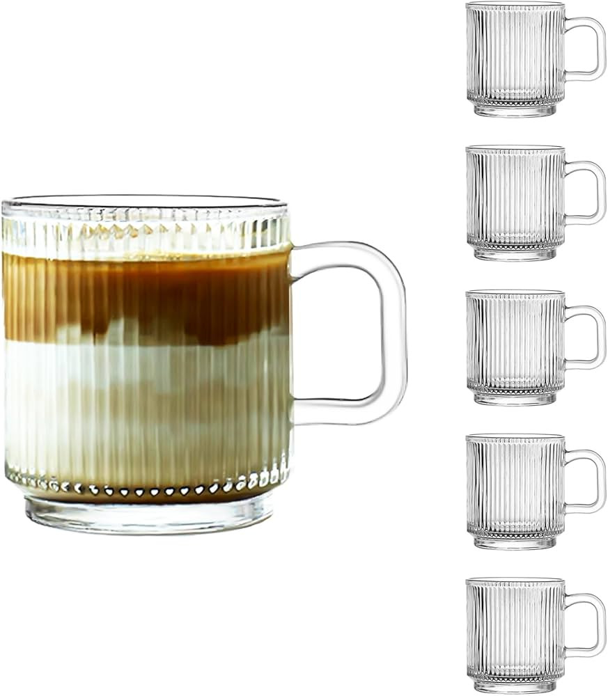 Glass Coffee Mugs 6 Pack - 340 ml Premium Coffee Cups with Handles - Classic Vertical Stripes Tra... | Amazon (CA)