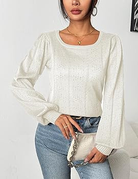 HOTOUCH Womens Sweaters Fall 2024 Trendy Puff Sleeve Tops Casual Knit Square Neck Cute Tunic Pull... | Amazon (US)