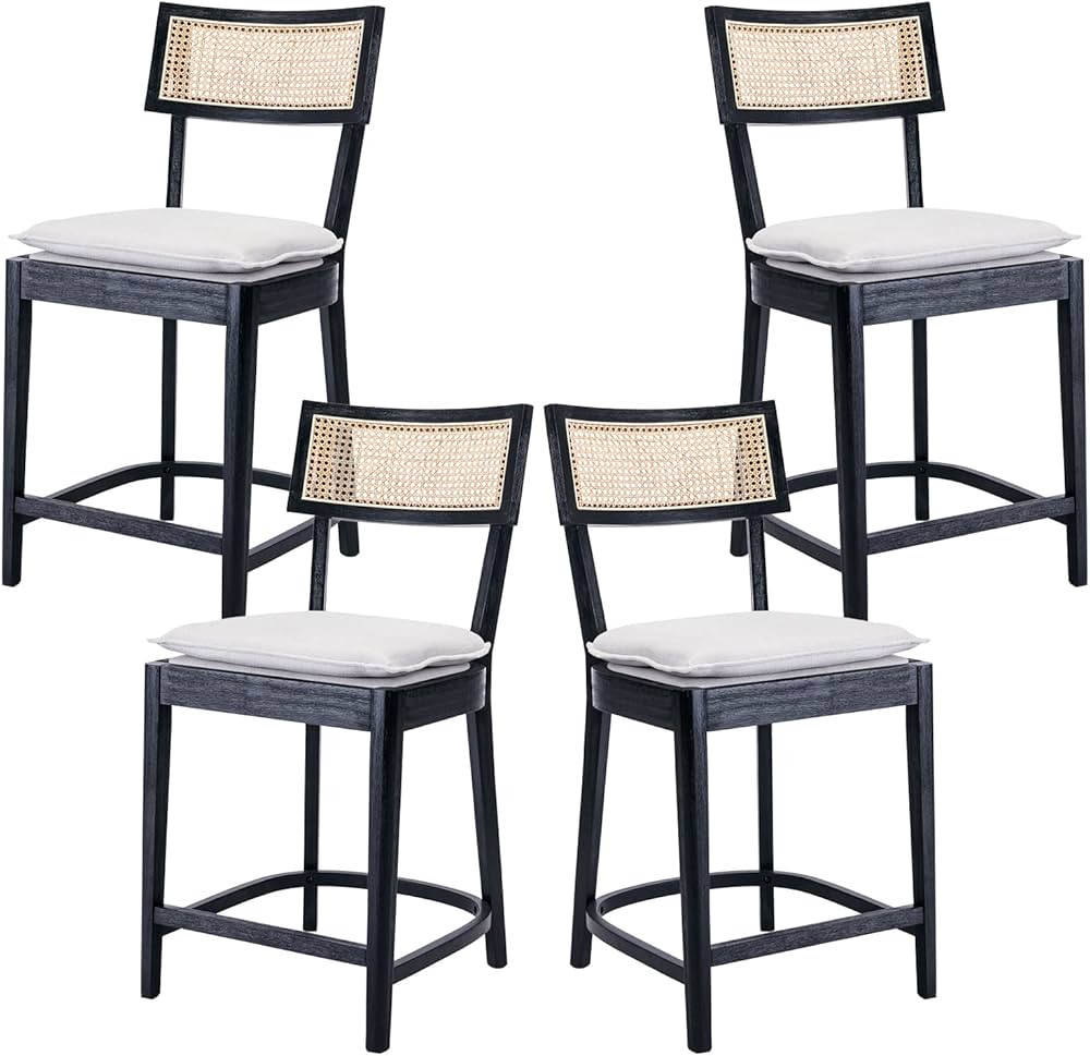 Rattan Counter Height Bar Stools Set of 4, 26'' Modern Counter Stools with Cane Back, Mid Century... | Amazon (US)