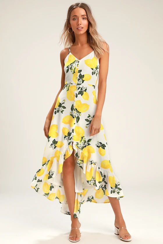 Afternoon Air Yellow Lemon Print High-Low Midi Dress | Lulus (US)