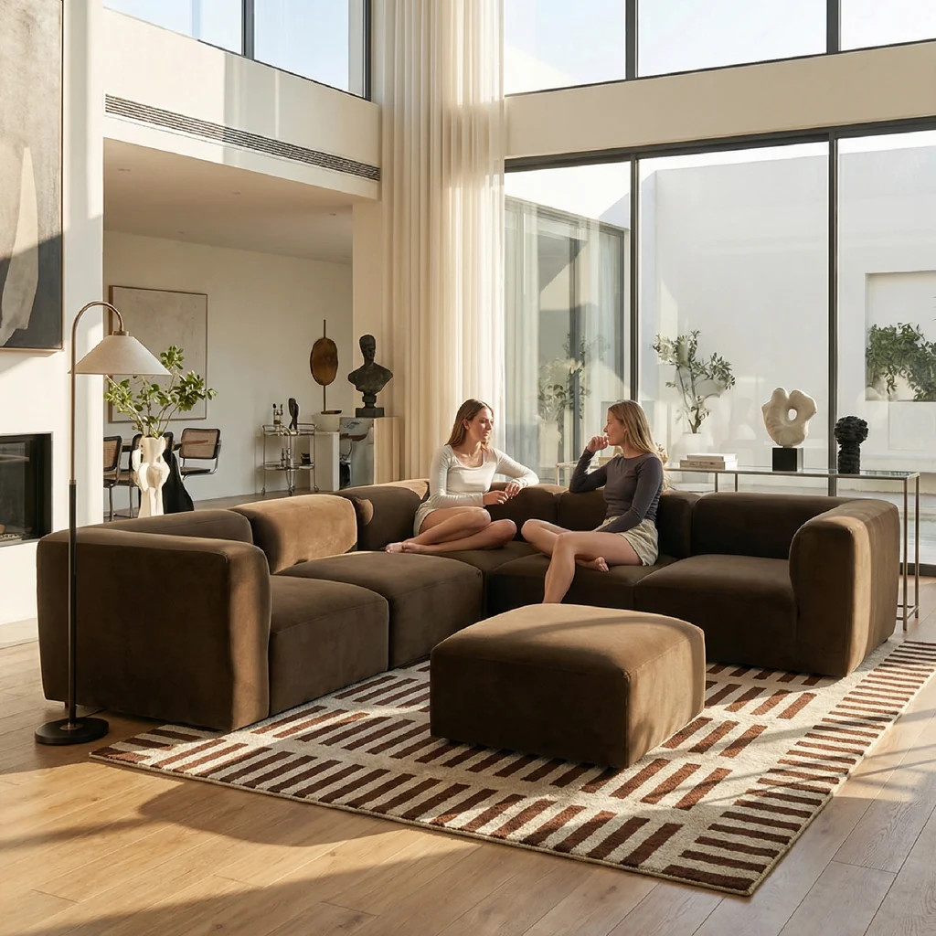 Philo Performance Velvet Low Profile Reversible Modular L Sectional Sofa with Ottoman (5-Seater+O... | Pop Maison