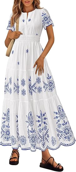 PRETTYGARDEN Summer Dresses for Women 2026 Floral Boho Maxi Spring Casual Short Sleeve V Neck Ela... | Amazon (US)