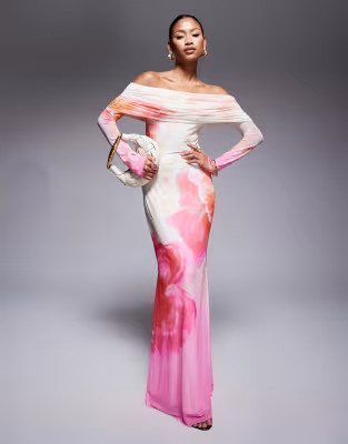 AFRM bardot long sleeve maxi dress in ombre pink floral | ASOS (Global)