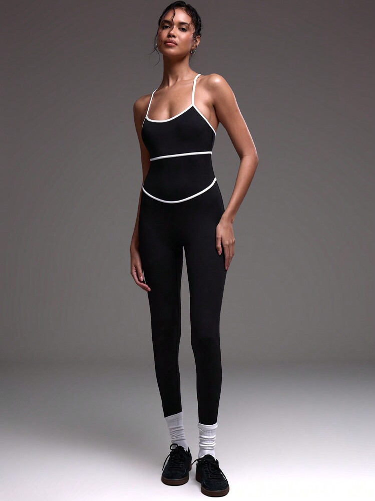 Musera Sport Contrast Piping Seam Strappy Fitted Sports Active Wear Jumpsuit Unitard , Padel, Tennis, Pickleball Gym Fitness | SHEIN