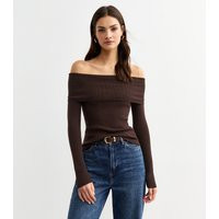 Women's Dark Brown Ribbed Knit Bardot Top New Look | New Look (UK)
