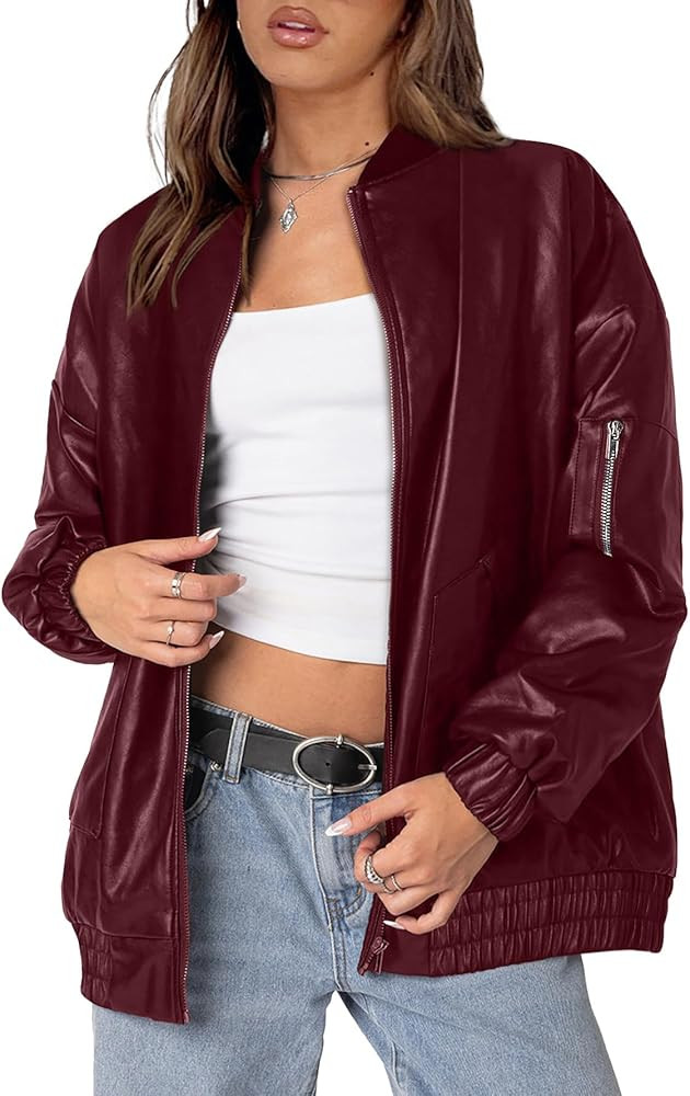 XIEERDUO Faux Leather Jacket Women Oversized Motorcycle Bomber Coats Zip Up Sleeve Pocket 2025 Fa... | Amazon (US)
