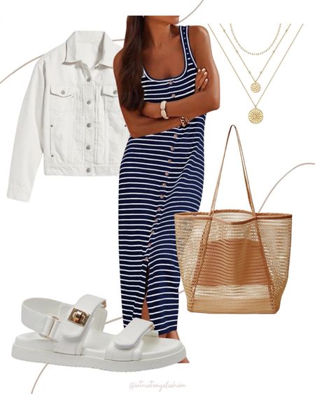 Navy and white striped maxi dress, white denim jacket, white double strap sandals and mesh tote bag.


// Summer outfits 2024, mom outfit ideas, summer outfit amazon, Amazon outfit ideas, casual outfit ideas, spring outfit inspo, casual fashion, amazon summer fashion, amazon casual outfit, cute casual outfit, outfit inspo, outfits amazon, outfit ideas, amazon shoes, Amazon bag, purse, size 4-6, casual summer outfits, casual outfit ideas everyday, summer fashion under $50 Memorial Day sale, vacation outfit, #ltkfindsunder100 

#LTKFindsUnder50 #LTKItBag #LTKStyleTip