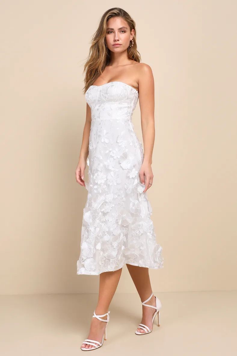 Delightful Romance White Floral 3D Strapless Lace-Up Midi Dress | Lulus