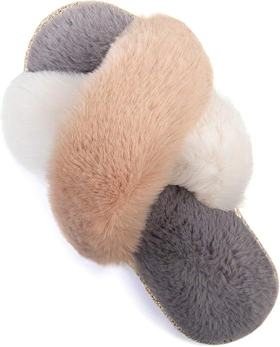 ZIZOR Women's Fuzzy Crossed Memory Foam Open Toe Slippers, Ladies Fluffy Rhinestone Embellished S... | Amazon (US)