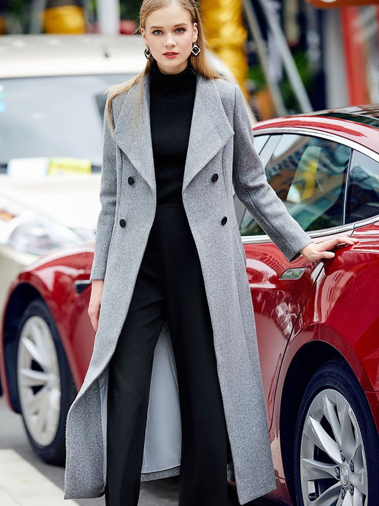 Grey Pea Coat Long Sleeve Turndown Collar Shaping Women's Wool Coats | Milanoo
