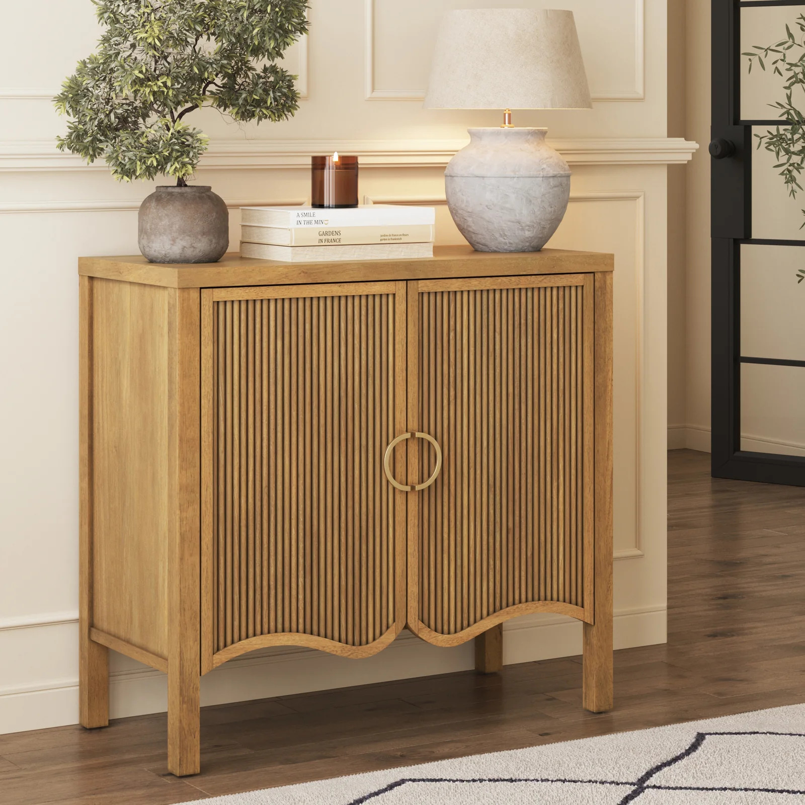 Wood Transitional Fluted Cabinet w/ Brass Handle Light Brown | Nathan James