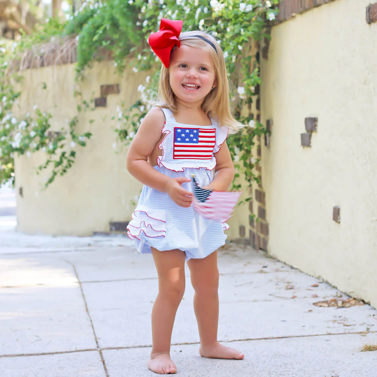 Flag Applique Light Blue Stripe Ruffle Bubble | Classic Whimsy