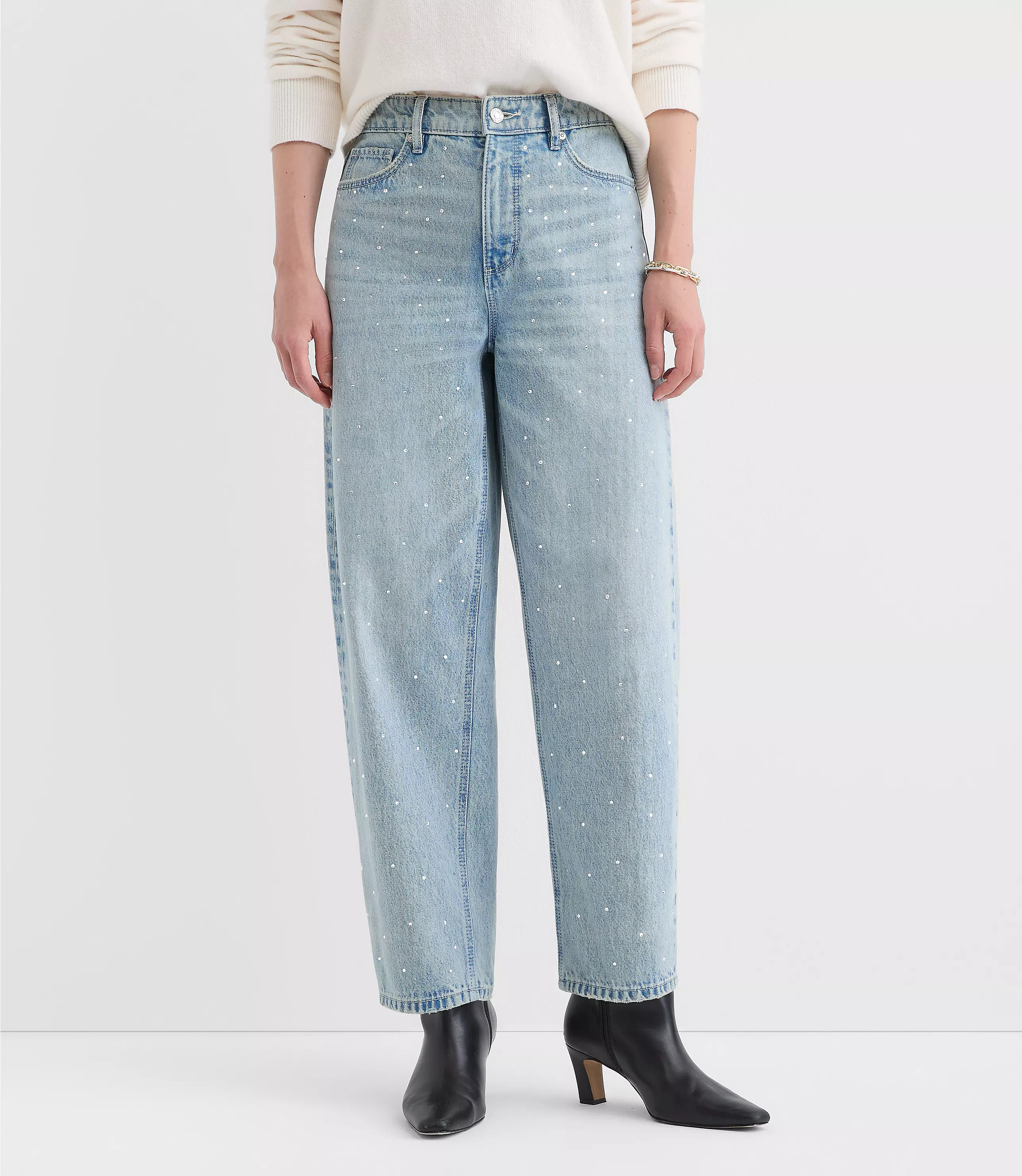Curvy Sparkle Embellished High Rise Barrel Jeans in Vintage Light Indigo Wash | LOFT