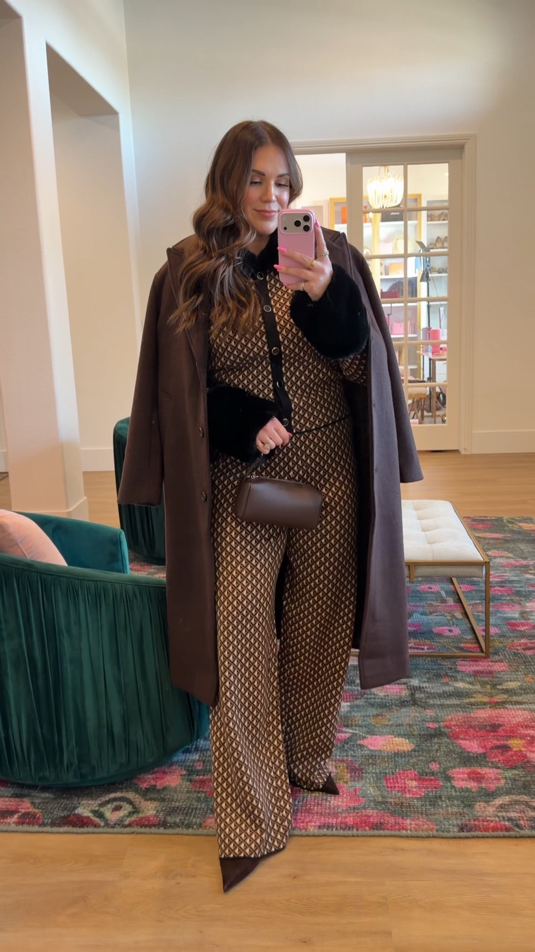 curvy midsize brown and black geo knit sweater set! in the xl in top and bottom, but i did exchange the bottoms for the large. love the faux fur trim! in the size large in chocolate brown coat. runs a bit oversized! 

#LTKMidsize #LTKSeasonal