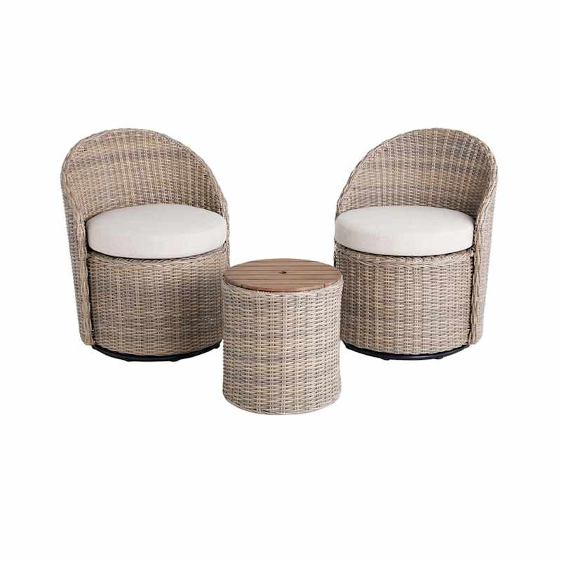 Monterey 3-Piece Pumice Wicker Finish with Light Grey Cushions Swivel Patio Chat Set | At Home