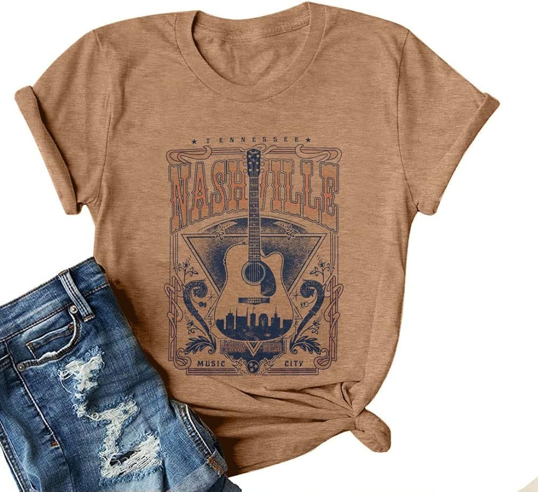 Nashville Shirts for Women Tennessee Country Music Festival Tshirt Vintage Guitar Graphic Tees Rock and Roll Tennessee Tops | Amazon (US)