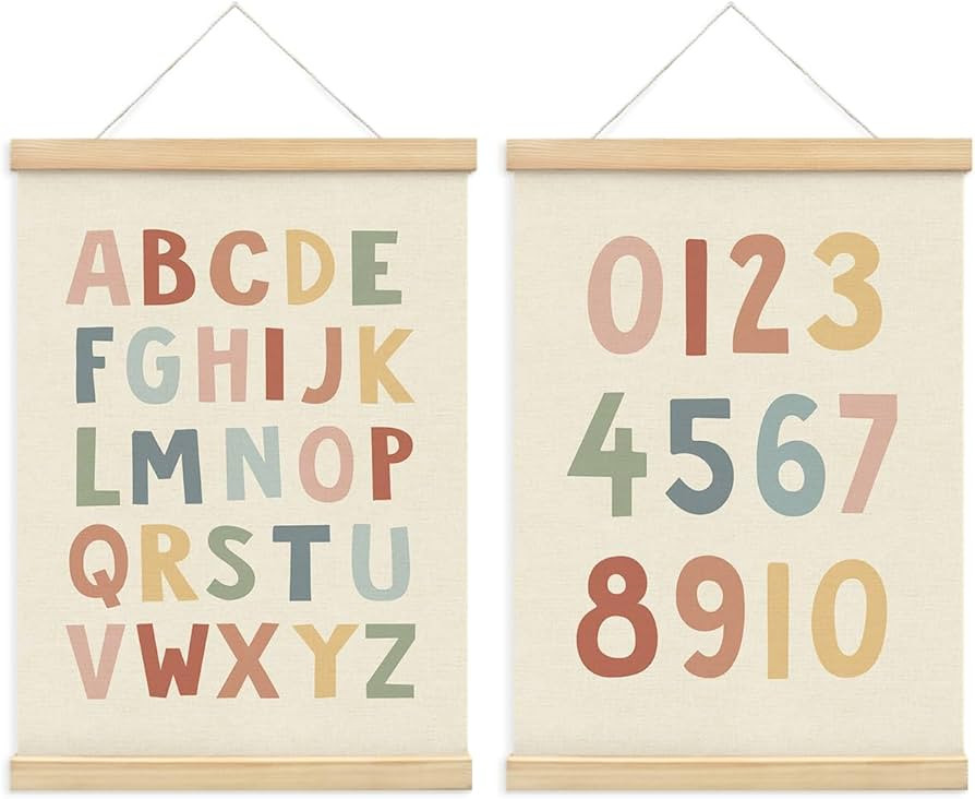 PLKMN Alphabet Poster Framed with Wood Hanger Set of 2, Montessori Classroom Decor, Playroom Deco... | Amazon (US)