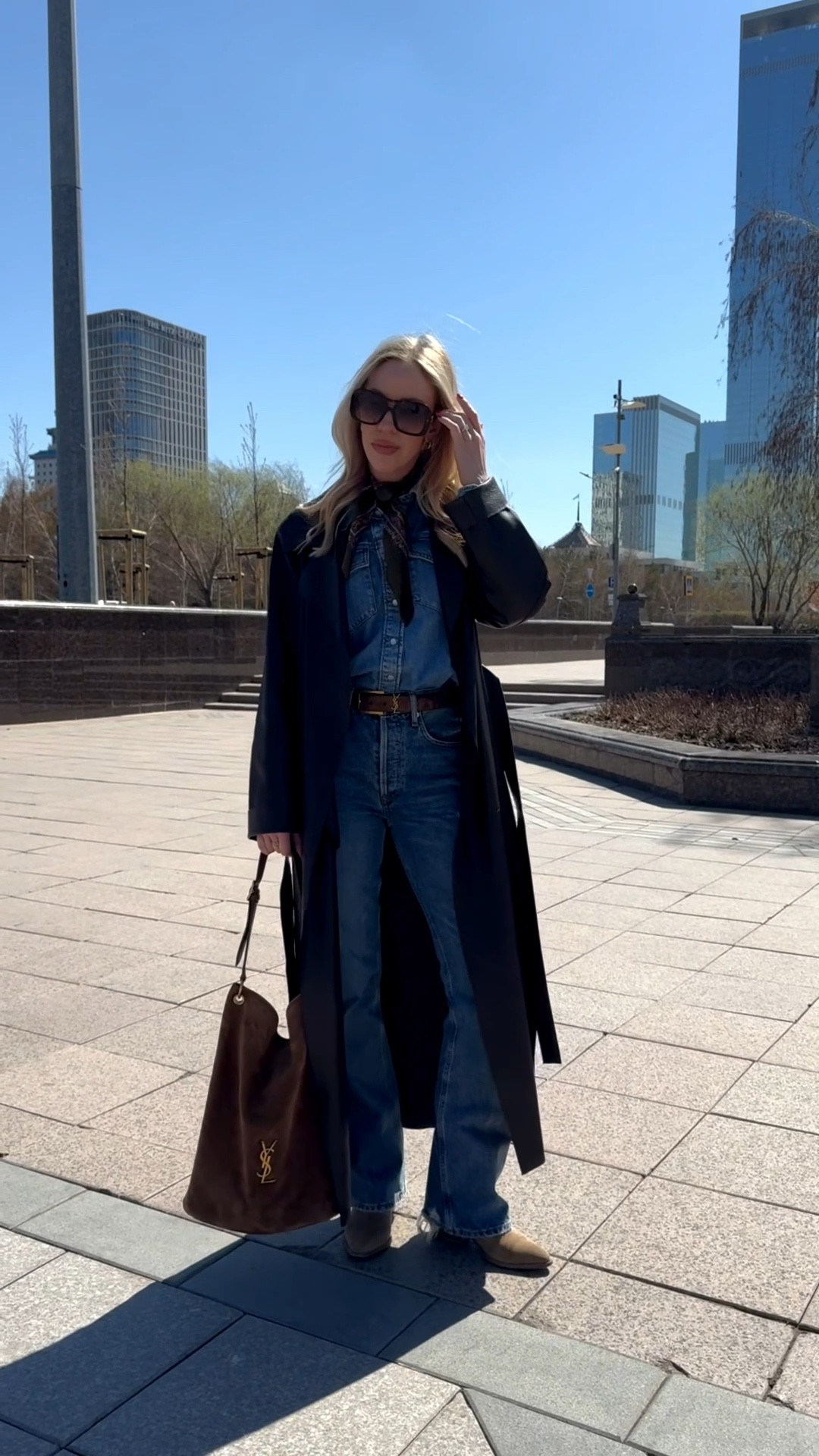 Spring outfit, denim on denim, all denim outfit, dark brown trenchcoat, western style, suede YSL belt, suede YSL bucket bag

#LTKSaleAlert #LTKSeasonal #LTKOver40