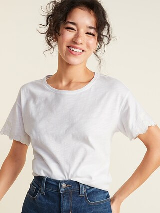 Slub-Knit Embroidered-Sleeve Tee for Women | Old Navy (US)