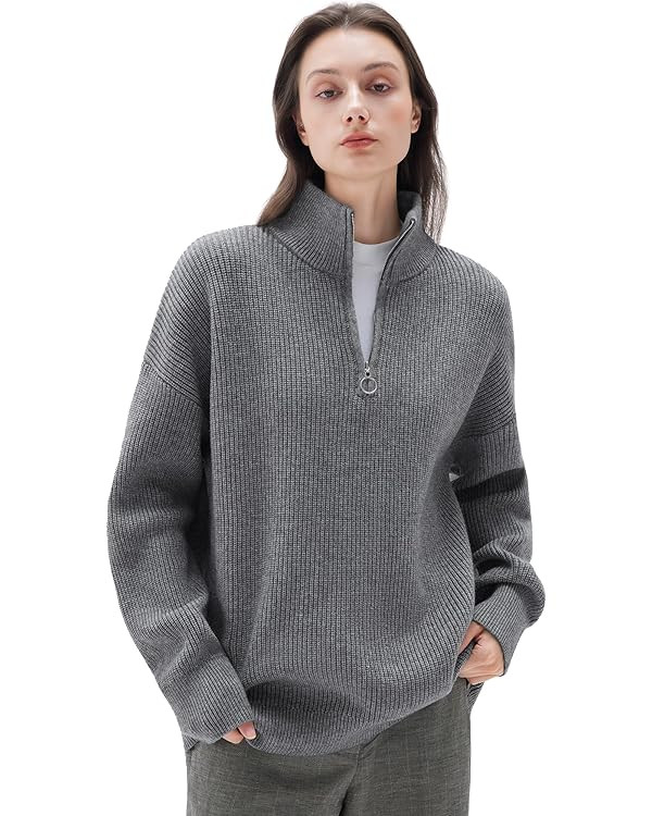 SUUKSESS Women Cashmere Oversized Quarter Zip Pullover Sweater Long Sleeve Collared Ribbed Knit J... | Amazon (US)