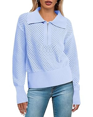 Women's Half Zip Pullover Sweaters Crochet Lapel Collar Long Sleeve Knit Solid Color Jumper Tops | Amazon (US)