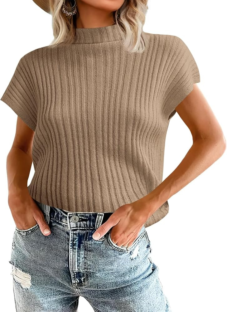 Saodimallsu Womens Mock Neck Sweater Vest Cap Sleeve Summer Going Out Tops Sleeveless Ribbed Knit... | Amazon (US)