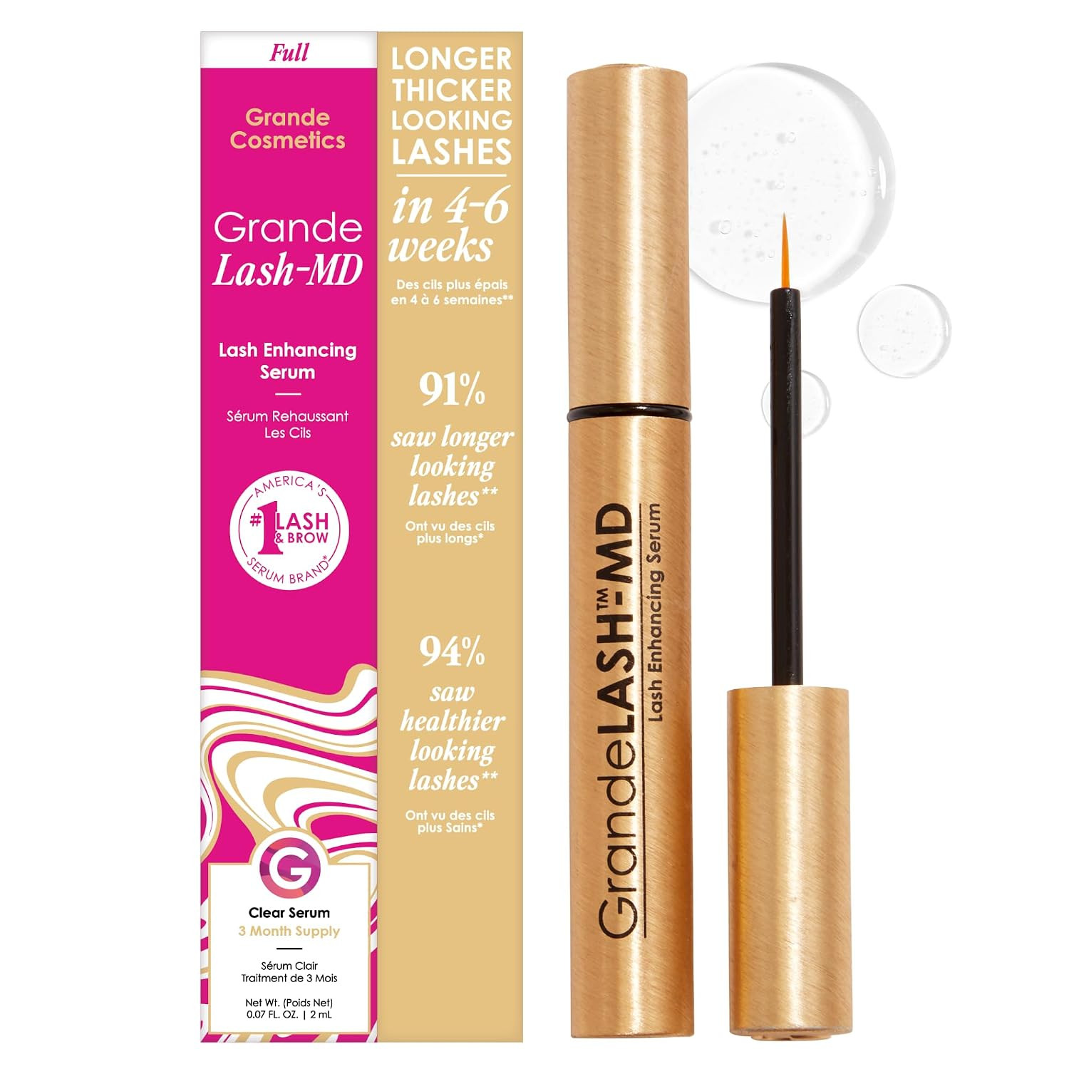 Grande Cosmetics GrandeLASH-MD Lash Enhancing Serum - Peptide & Vitamin Infused Formula for Longer, Thicker, Fuller Looking Lashes - Ophthalmologist Tested, Cruelty-Free, 6 Week Supply (1mL) | Amazon (US)