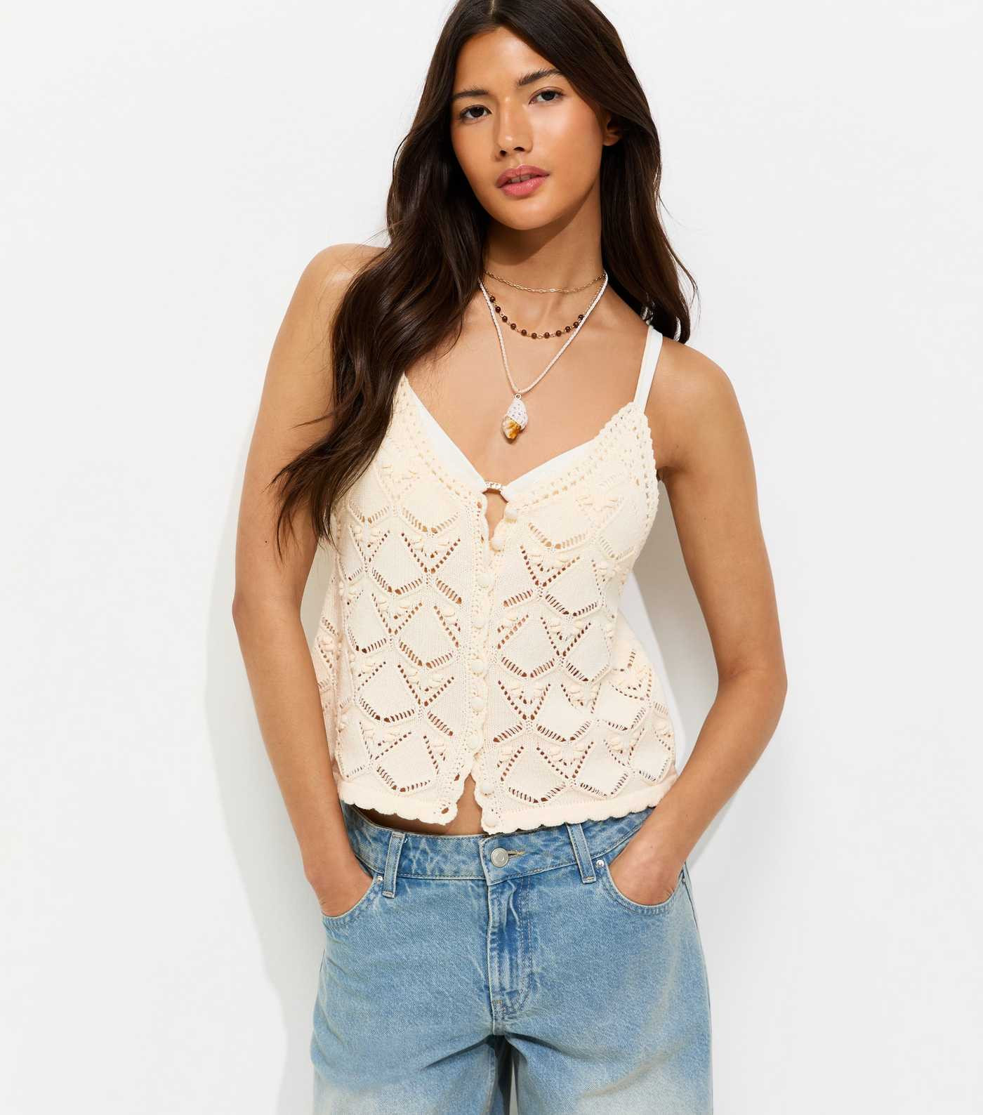 Cream Cotton Rich Crochet Button Up Cami Top | New Look | New Look (UK)