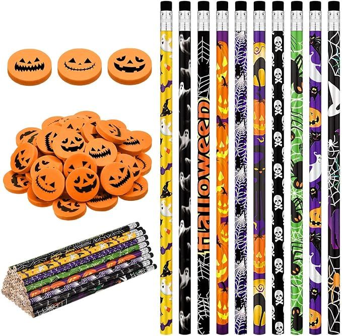 101 Pieces Halloween Pencils Colorful Wood Pencils with Pumpkin Jack-o-lantern Erasers for Hallow... | Amazon (US)