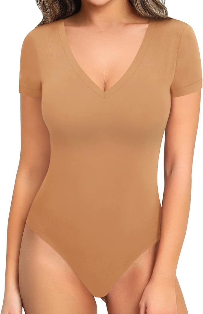 MANGOPOP Bodysuit for Women Modal V Neck Folded Over Long Short Bell Sleeve Tops Jumpsuit | Amazon (US)