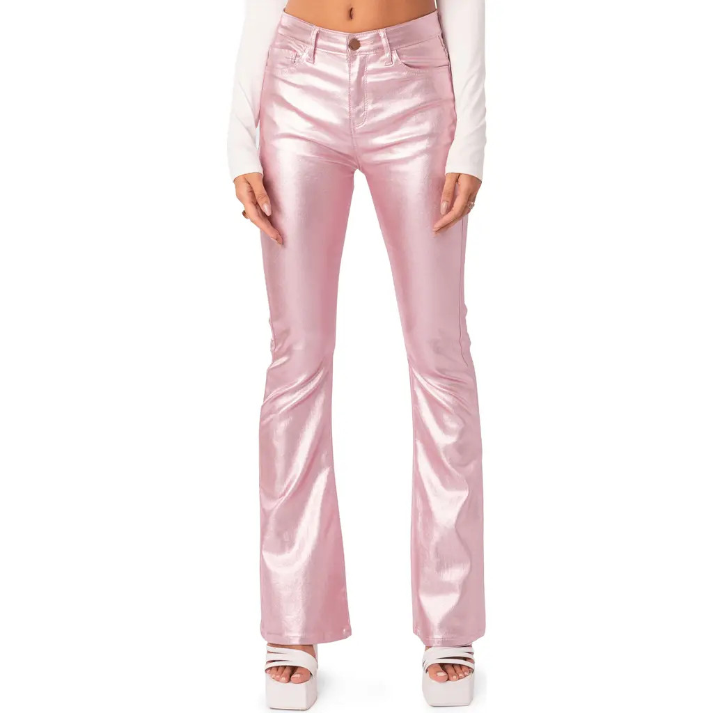 EDIKTED Luna Faux Leather Flare Leg Pants in Metallic-Pink at Nordstrom, Size Medium | Nordstrom