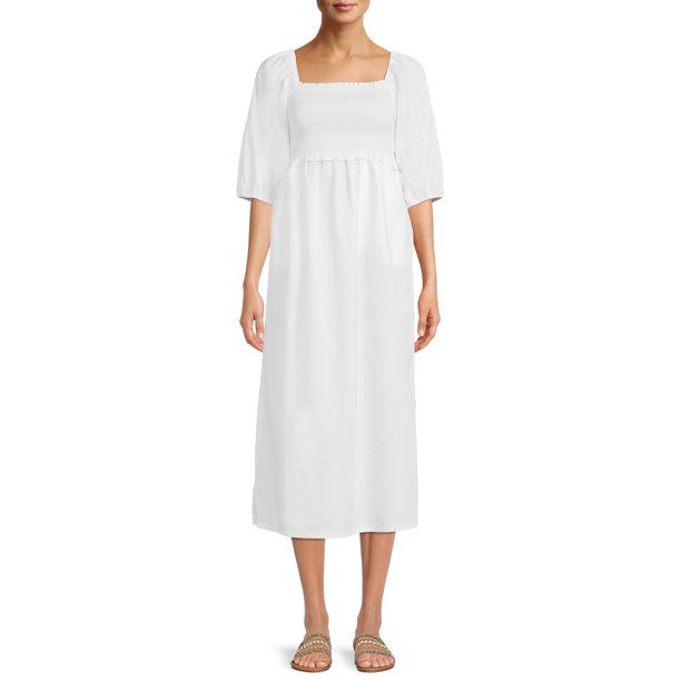 Free Assembly Women's Smocked Midi Dress with Convertible Sleeves - Walmart.com | Walmart (US)