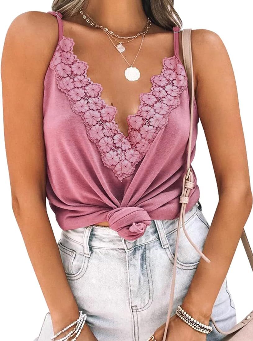 SansoiSan Women's Floral Lace Trim Solid Color Deep V Neck Sleeveless Spaghetti Strap Tank Tops C... | Amazon (US)