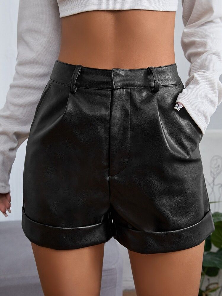 SHEIN PETITE Slant Pocket PU Leather Shorts | SHEIN