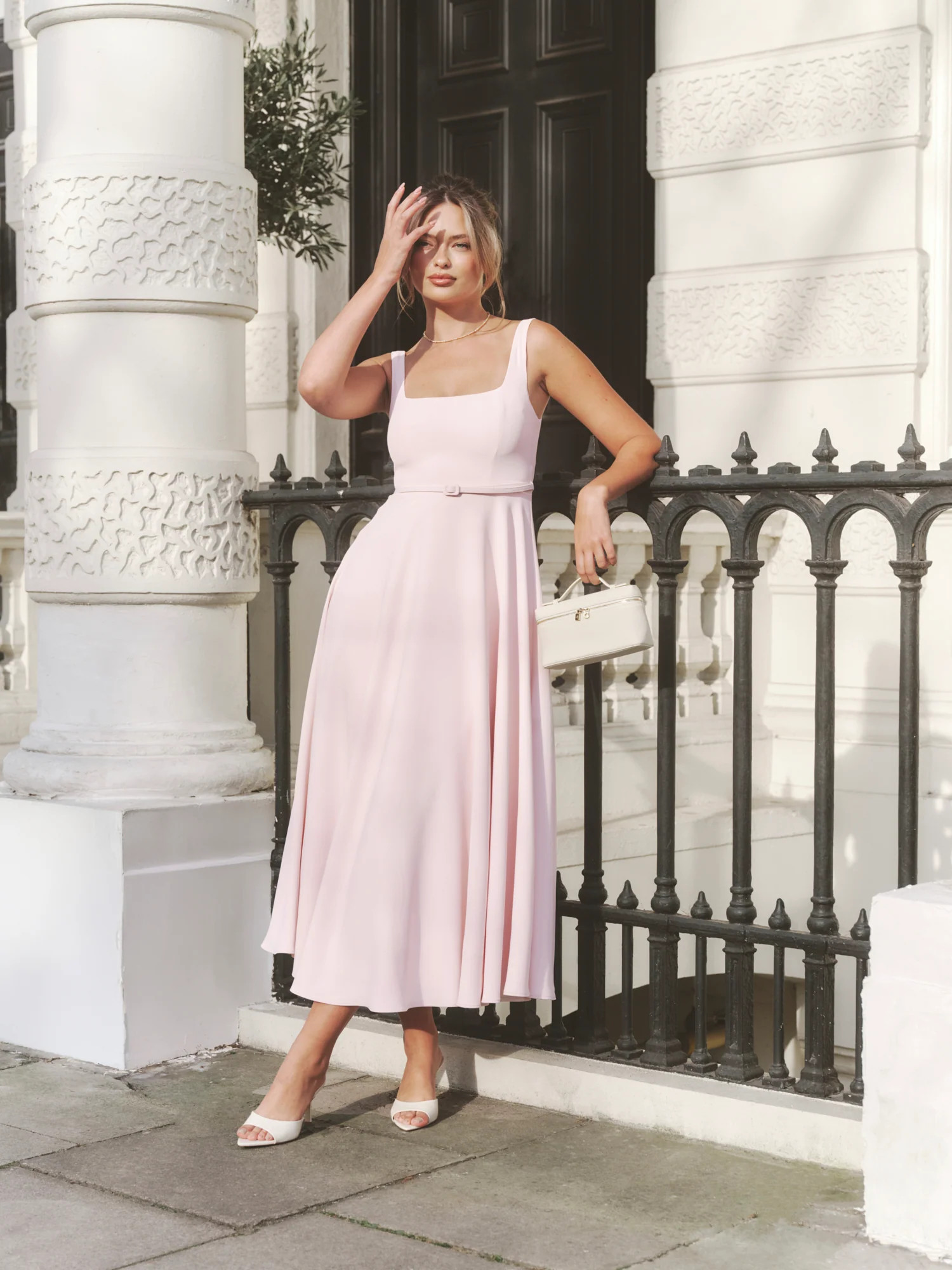 Square Neck Belted Midi Dress - Pale Pink | Six Stories