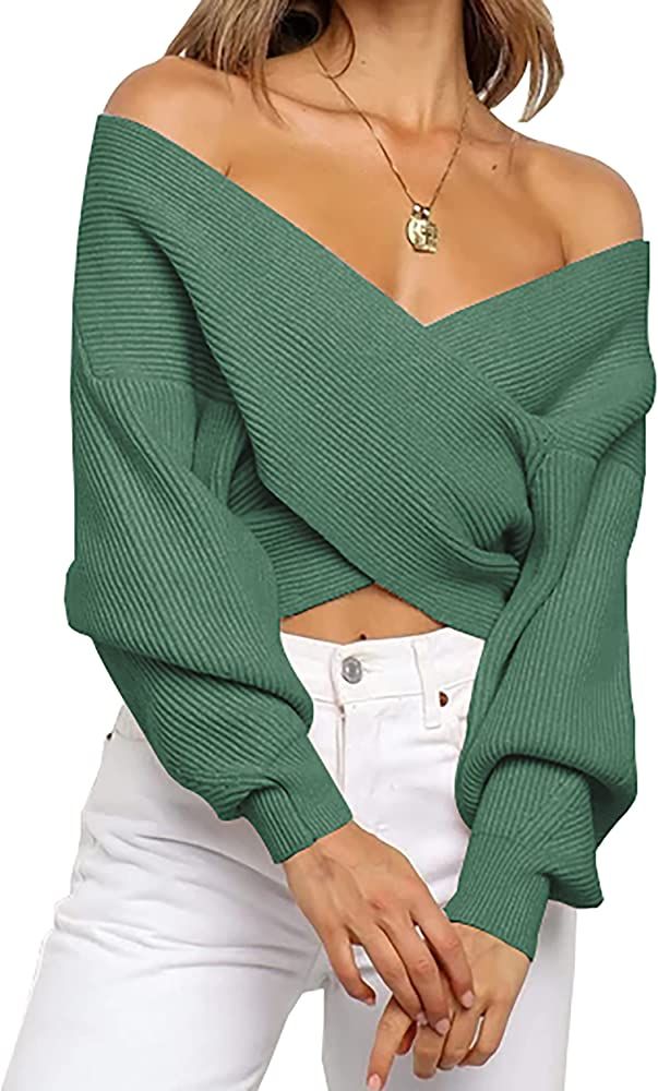 Women Casual V Neck Long Sleeve Sweaters Cross Wrap Front Off Shoulder Asymmetric Hem Knitted Cro... | Amazon (US)