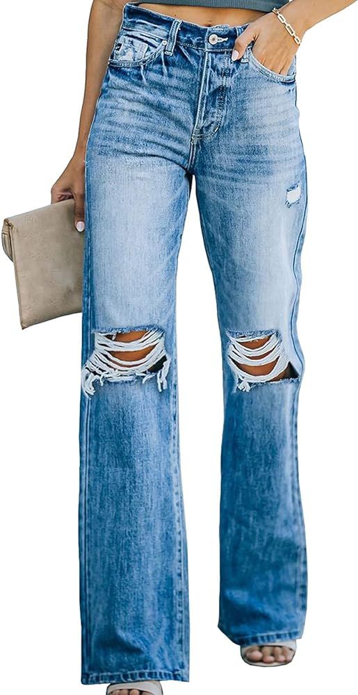 Sidefeel Women Mid Rise Distressed Flare Wide Leg Jeans Ripped Hole Denim Pants | Amazon (US)