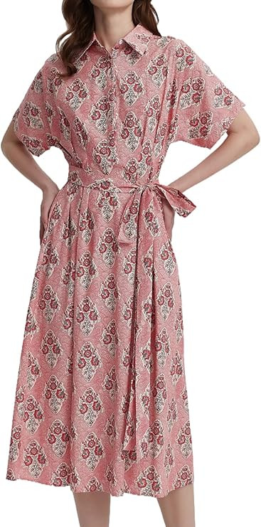 Womens Summer Floral Maxi Dress Short Sleeve V Neck Button Belt Casual Long Flowy Shirt Dress | Amazon (US)