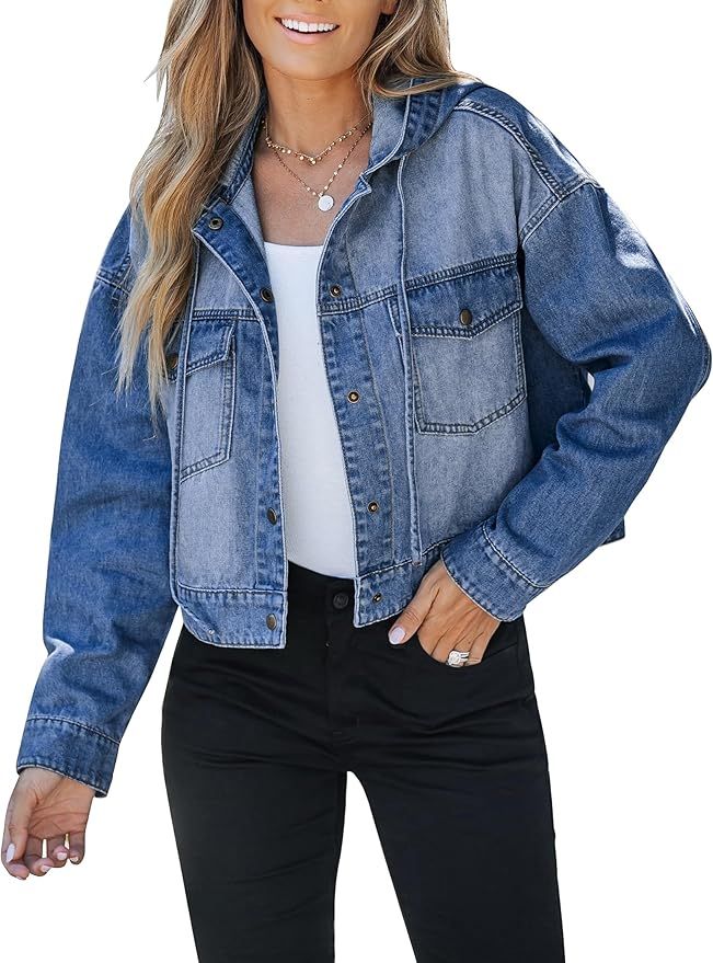 luvamia Denim Jacket for Women Hooded Lightweight Cropped Jean Jacket Oversized Button Down Shack... | Amazon (US)