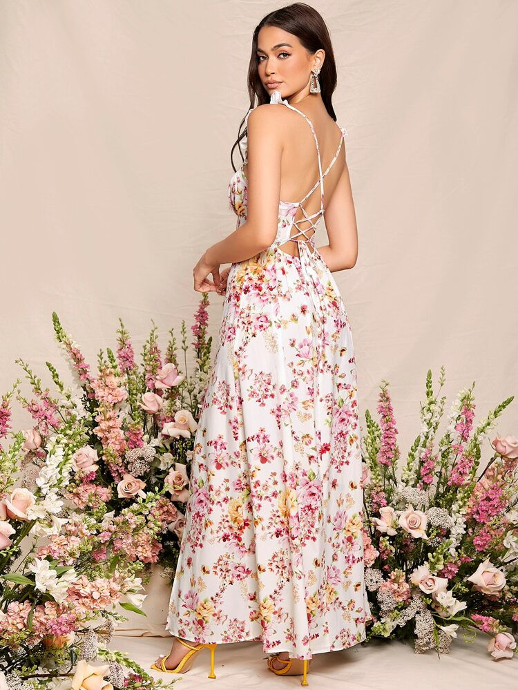 SHEIN VCAY Lace Up Backless Ruffle Armhole Split Thigh Dress | SHEIN