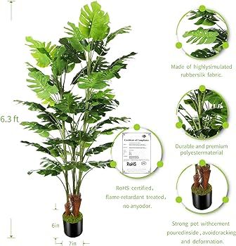 OXLLXO 6.3ft Artificial Monstera Deliciosa Tree (75in) with Plastic Nursery Pot Faux Tree, Fake T... | Amazon (US)