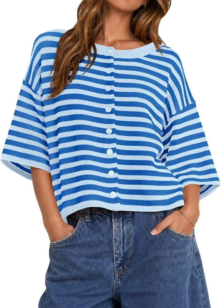 Saodimallsu Womens Short Sleeve Cardigan Cropped Striped Button Down Oversized Lightweight Knit S... | Amazon (US)