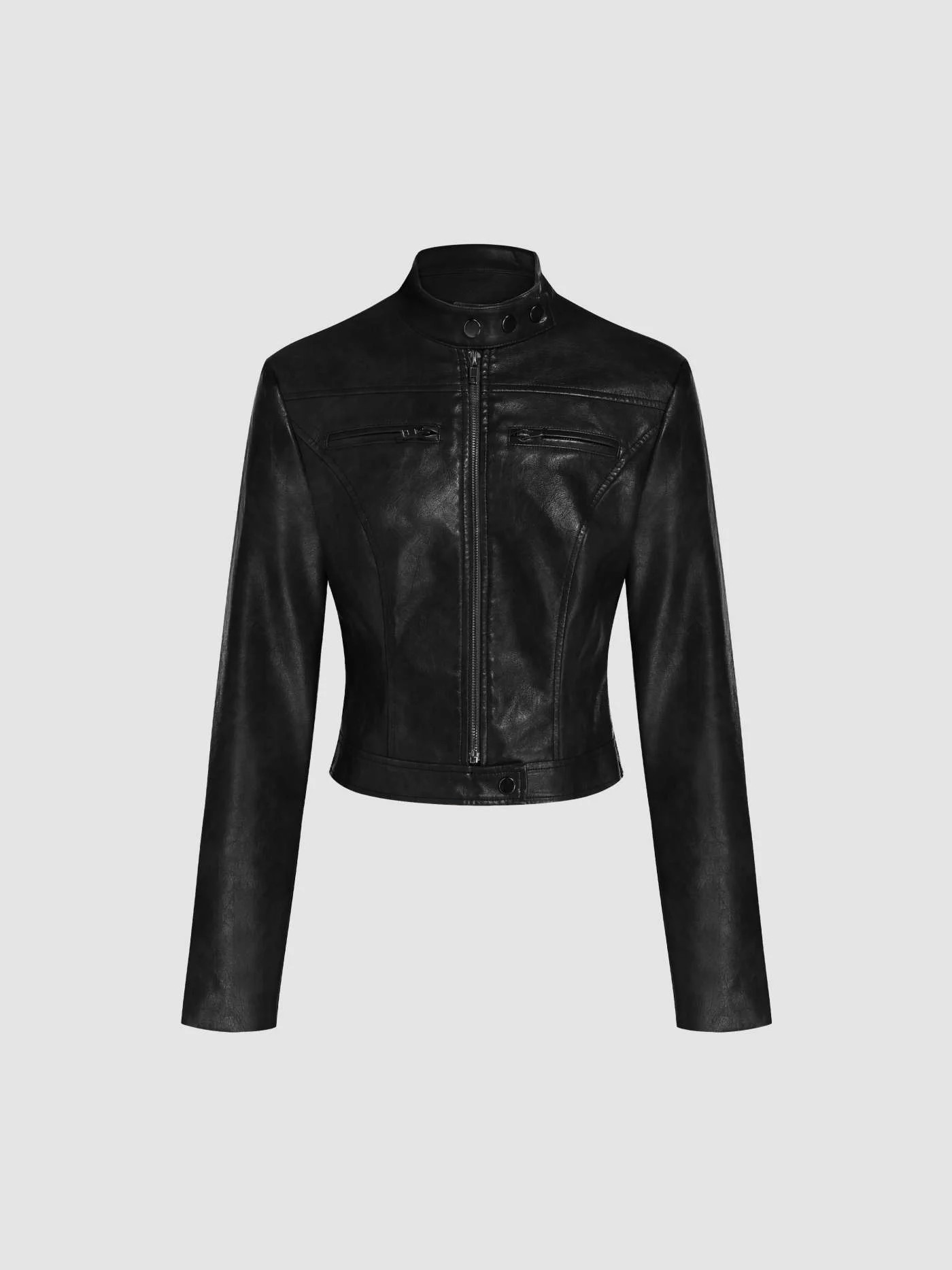 Western Outfits Faux Leather Stand Collar Zipper Biker Jacket For Daily Casual Outdoor | Cider
