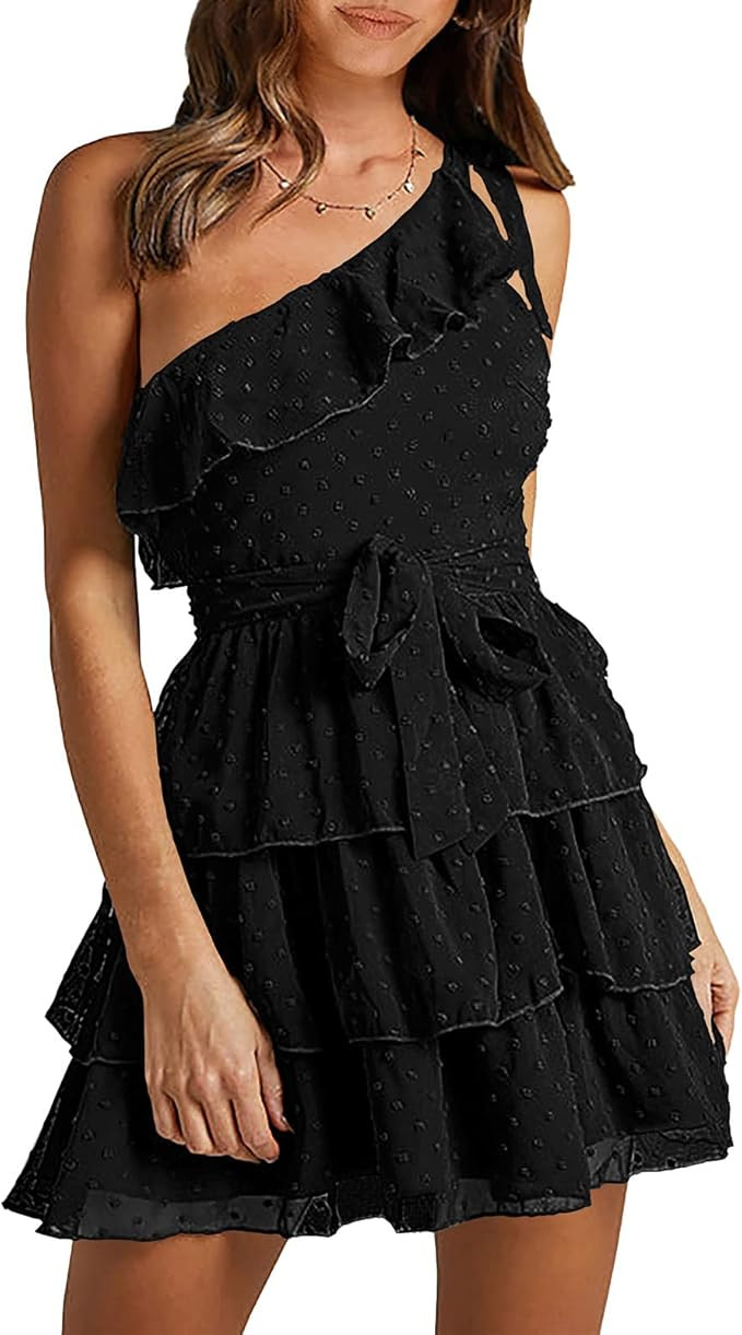 BTFBM Women Summer Tie One Shoulder Dress Swiss Dot Sleeveless High Waist Beach Ruffle Tiered Ali... | Amazon (US)