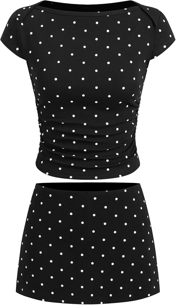 CIDER Womens Summer Outfits Polka Dot Ruched Tee Low Waist Mini Skort Boat Neck Set | Amazon (US)