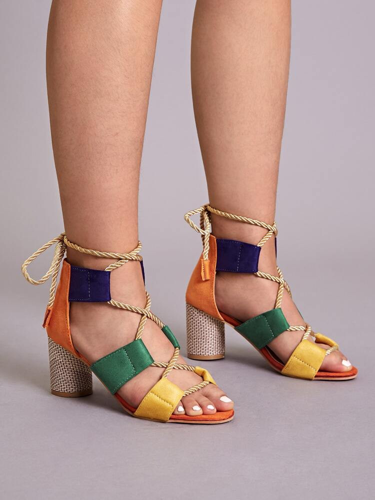 Color Block Lace-up Back Chunky Heels | SHEIN