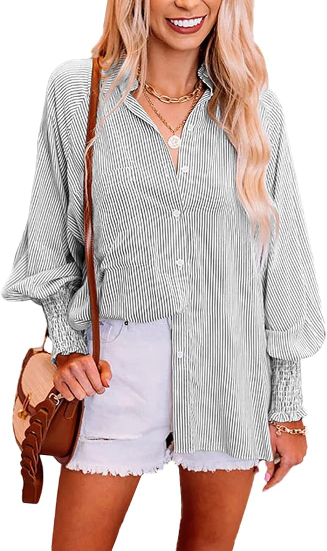 PRETTYGARDEN Women's Fall Button Down Shirts Blouse Long Sleeve Lapel Striped Casual Oversized Tops  | Amazon (US)