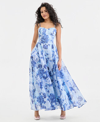 Juniors' Shimmer Organza Floral-Print A-Line Gown | Macy's