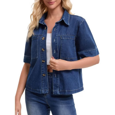 INSPIRE CHIC Women's Short Sleeve Denim Button Down Turndown Collar Casual Jean Jackets Dark Blue Medium | Target